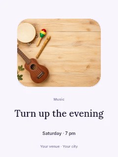 Collection of wooden musical instruments on table in Live music photo announcement · Picture window
