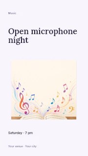 Open music book with colorful notes in Open microphone night · Modern programme
