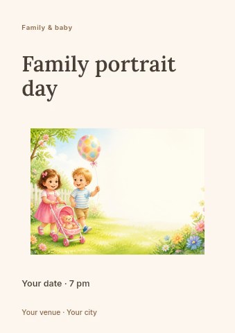 Children playing in a garden with balloon in Family portrait day flyer template