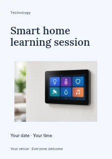 Wall-mounted smart home control panel in Smart home learning session flyer · Modern programme