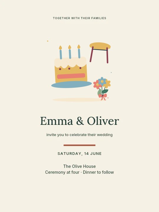 Wedding cake table with a floral bouquet in Olive garden · Wedding invitation