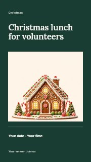Decorated gingerbread house with candy accents in Christmas lunch for volunteers instagram story · Title & photograph