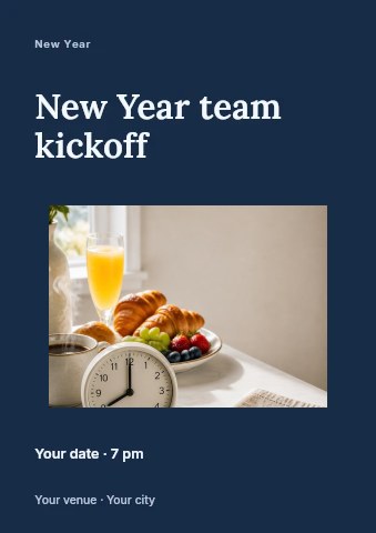 Breakfast table with clock and fruit in New Year team kickoff flyer template