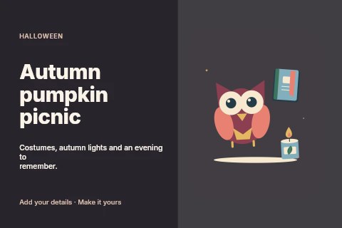 Midnight owl with a spell book and candle in Autumn pumpkin picnic postcard template