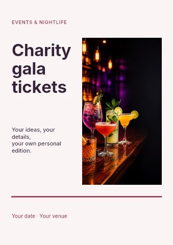 Colorful cocktails on bar counter in Charity gala tickets flyer template