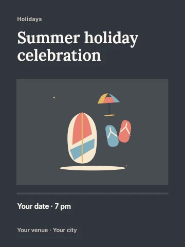 Beach afternoon with surfboard and flip flops in Summer holiday celebration invitation template