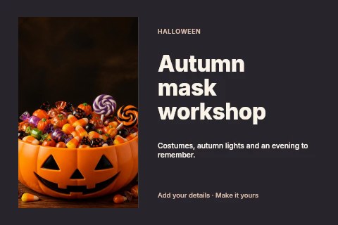 Jack-o-lantern bowl filled with Halloween candy in Autumn mask workshop postcard template