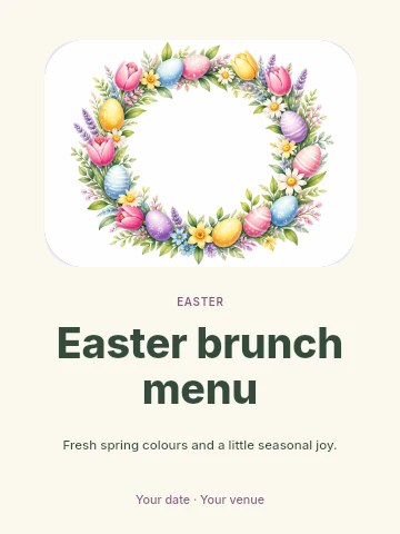 Floral Easter wreath with decorated eggs in Easter brunch menu invitation template
