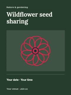 Ribbon flower · 9 petals and ring centre in Wildflower seed sharing poster · Title & photograph