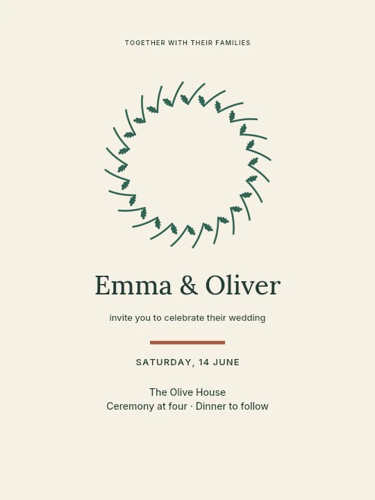 Birch wreath · full with 24 leaves in Olive garden · Wedding invitation