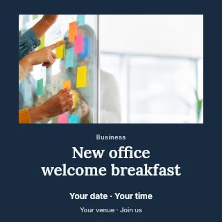 Team brainstorming with colorful sticky notes in New office welcome breakfast social media post · Quiet photo gallery