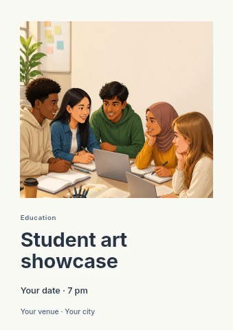 Diverse students group studying together in Student art showcase flyer template