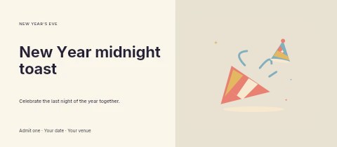 Party horn and festive confetti in New Year midnight toast event ticket template