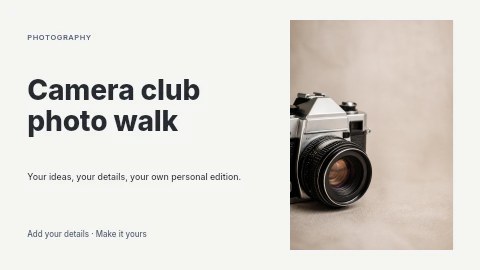 Vintage film camera on neutral backdrop in Camera club photo walk presentation cover template