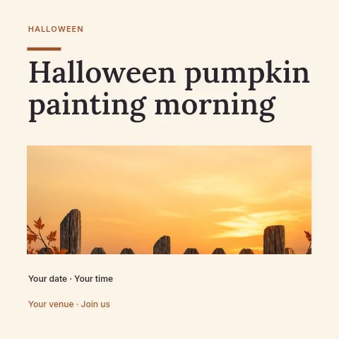 jack-o’-lantern pumpkins by rustic fence in Halloween pumpkin painting morning social media post · Title & photograph