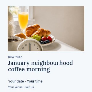 Breakfast table with clock and fruit in January neighbourhood coffee morning social media post · Gallery editorial