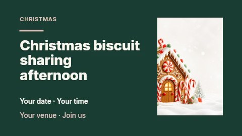 Decorated gingerbread house in snow in Christmas biscuit sharing afternoon presentation cover · Horizontal photo dialogue