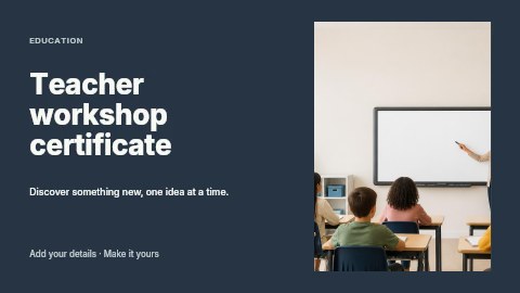 Teacher instructing students at whiteboard in Teacher workshop certificate presentation cover template