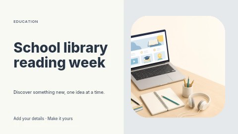 Minimalist online education workspace setup in School library reading week presentation cover template