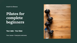Pilates for complete beginners presentation cover template · Horizontal photo dialogue