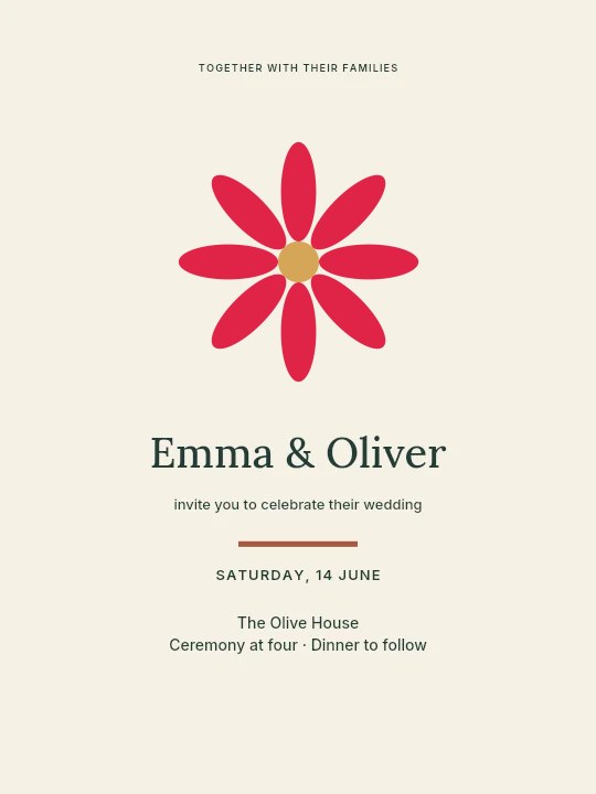 Daisy flower · 8 petals and seed centre in Olive garden · Wedding invitation