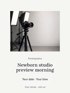 Professional DSLR camera with studio lighting setup in Newborn studio preview morning poster · Picture window
