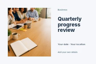 Quarterly progress review postcard template · Horizontal photo dialogue
