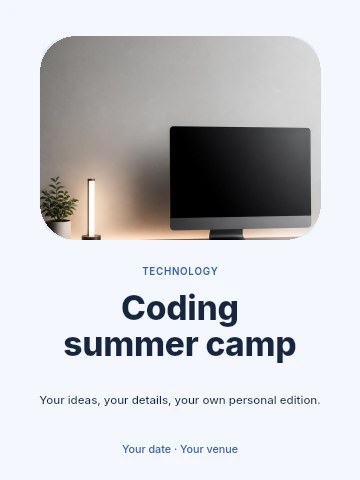 Minimalist modern workspace with desktop computer in Coding summer camp invitation template
