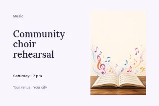 Open music book with colorful notes in Community choir rehearsal · Horizontal photo dialogue