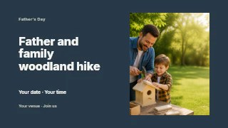 Father and family woodland hike presentation cover template · Horizontal photo dialogue