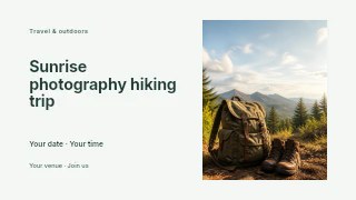 Sunrise photography hiking trip presentation cover template · Horizontal photo dialogue