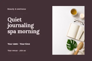 Natural wellness flat lay with journal in Quiet journaling spa morning postcard · Horizontal photo dialogue