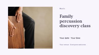 Family percussion discovery class presentation cover template · Horizontal photo dialogue