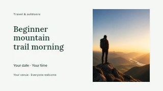 Hiker overlooking sunset mountain river in Beginner mountain trail morning presentation cover · Horizontal photo dialogue