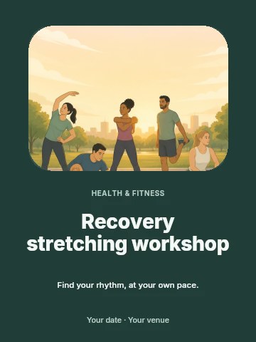 Group stretching exercises outdoors at sunset in Recovery stretching workshop invitation template