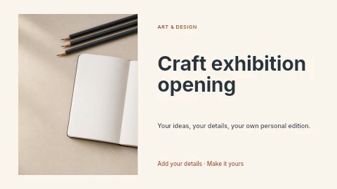 Open notebook with drawing pencils and stationery in Craft exhibition opening youtube thumbnail template