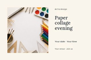 Art supplies and blank paper flat lay in Paper collage evening postcard · Horizontal photo dialogue