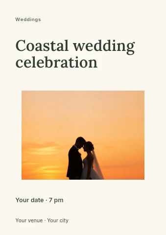 Silhouetted bride and groom at sunset in Coastal wedding celebration flyer template