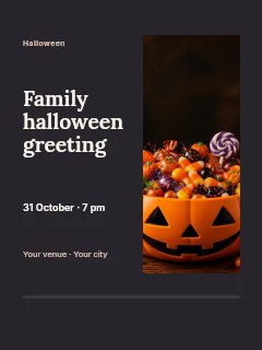 Jack-o-lantern bowl filled with Halloween candy in Family Halloween greeting · Split portrait