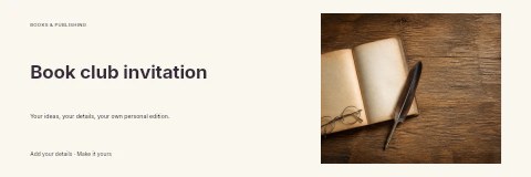 open vintage book with feather quill and glasses in Book club invitation banner template