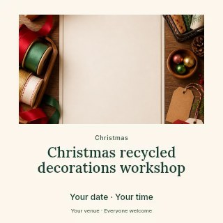 Christmas gift wrapping supplies flatlay in Christmas recycled decorations workshop social media post · Quiet photo gallery