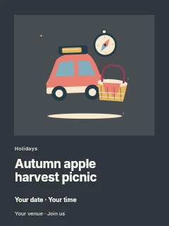 Holiday road trip with car and a picnic basket in Autumn apple harvest picnic poster · Gallery editorial