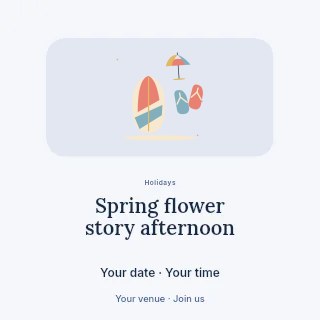 Beach afternoon with surfboard and flip flops in Spring flower story afternoon social media post · Picture window