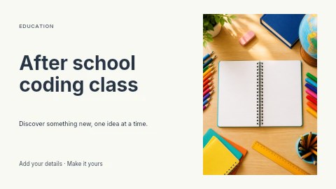 Open notebook with colorful school supplies in After school coding class presentation cover template