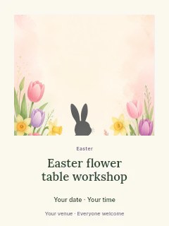Easter bunny silhouette with spring flowers in Easter flower table workshop poster · Quiet photo gallery