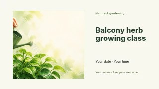 Balcony herb growing class presentation cover template · Horizontal photo dialogue