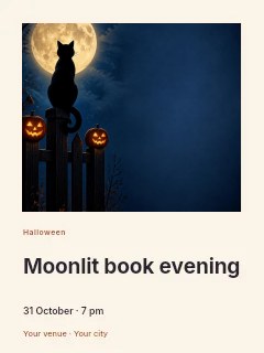 Halloween night with cat and pumpkins in Moonlit book evening · Gallery editorial