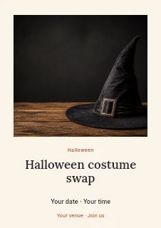 Classic witch hat on wooden table in Halloween costume swap flyer · Quiet photo gallery