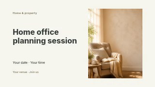 Home office planning session presentation cover template · Horizontal photo dialogue