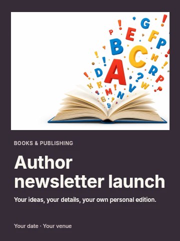 Open book with colorful floating letters in Author newsletter launch poster template